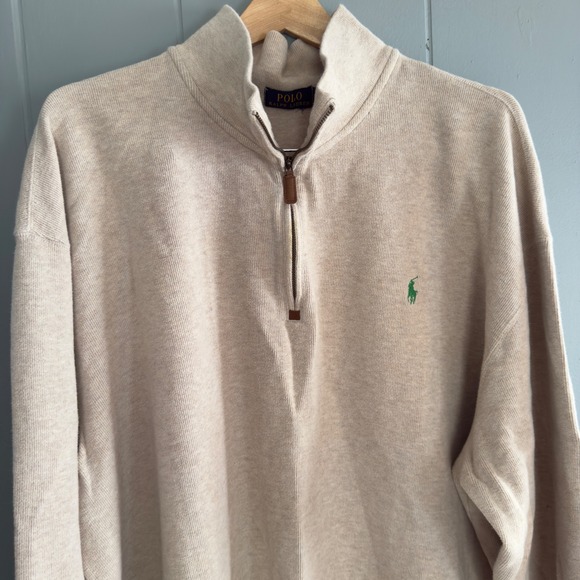 Polo Ralph Lauren Quarter Zip Sweater Beige Cotton Green Pony Logo Men's 2XB XXL - Picture 1 of 8